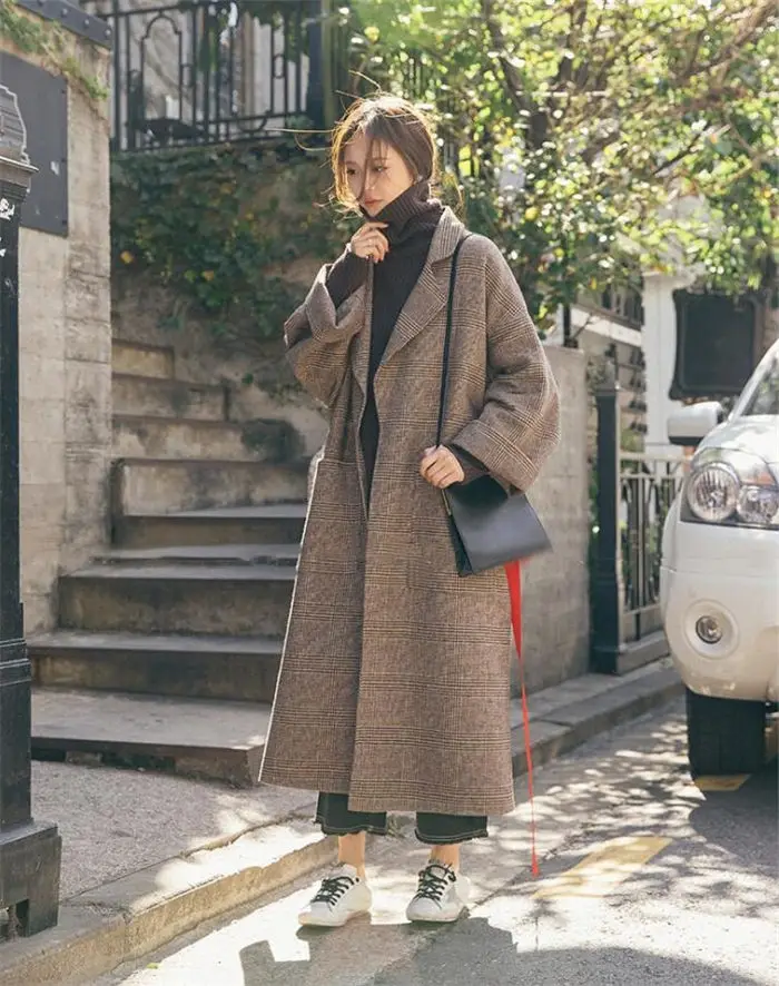 New Autumn Long Women Wool Coat Lapel Fashion Belt Slim Female Elegant Vintage Jacket Overcoat For Office Ladies Plus Size f1512