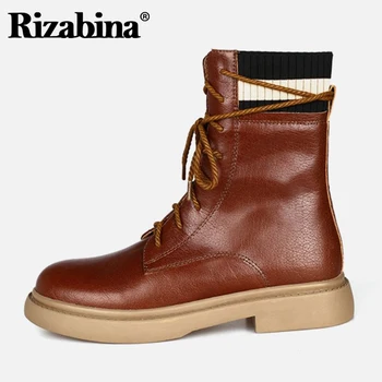 

Rizabina Real Leather Women Ankle Boots Flats Shoes Round Toe Warm Boots Winter Women Fashion Party Footwear Size 35-41