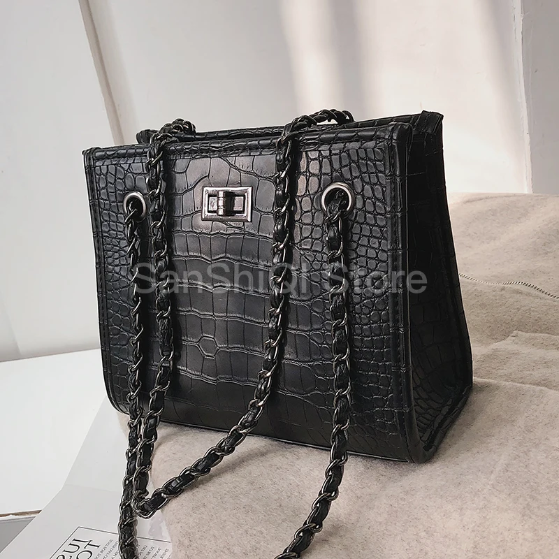 

Retro Fashion Big Tote Bag 2019 New Quality Pu Leather Women's Designer Handbag Crocodile Pattern Chain Shoulder Messenger Bags