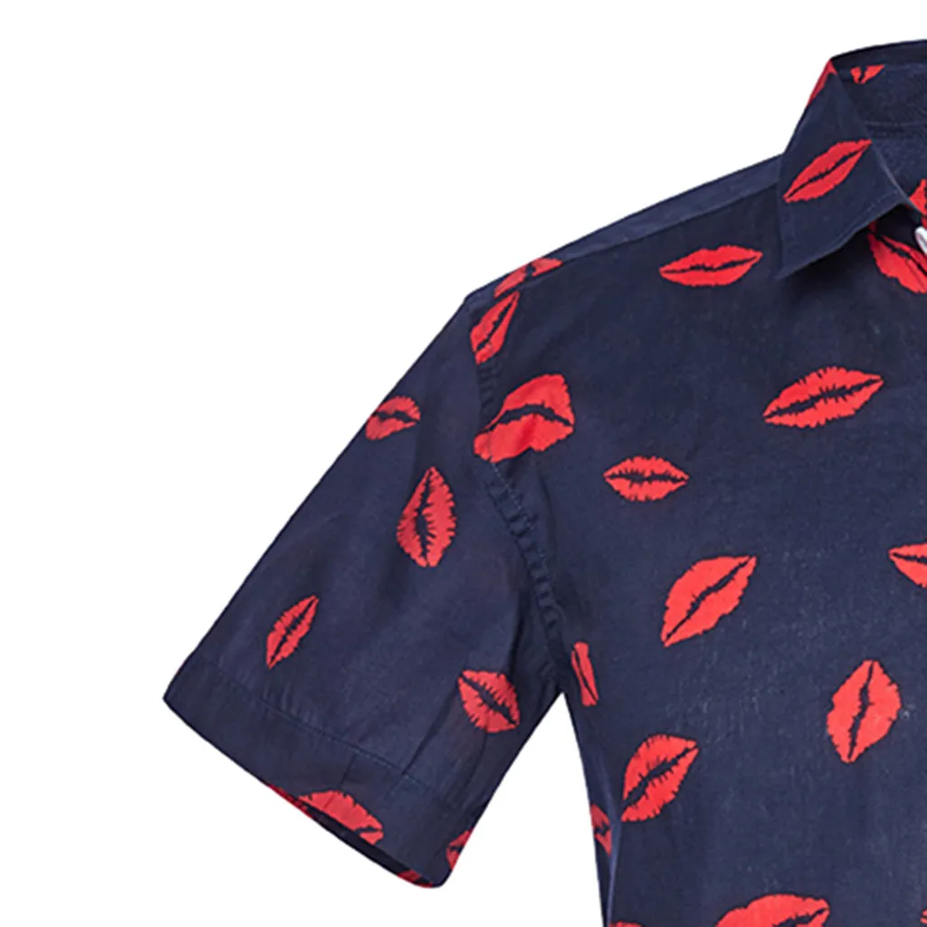 Мужская рубашка в форме губ с надписью Kiss с принтом Chemise Homme, модные рубашки с принтом, гавайская блуза с рисунком, повседневные тонкие рубашки с коротким рукавом, топы