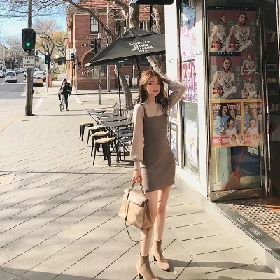 short gray Женское платье-свитер, осенне-зимнее эластичное трикотажное платье трапециевидной формы с длинным рукавом, женское облегающее трикотажное платье - Цвет: short gray