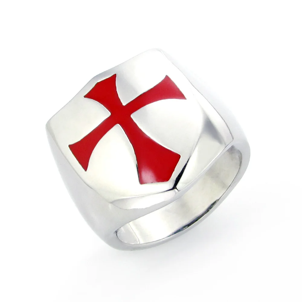 Бесплатная доставка, готический Размер 7-14 #, щит из нержавеющей стали, Рыцарь тамплиер, Крестоносец, серебряный цвет, средневековый перстень с красным крестом