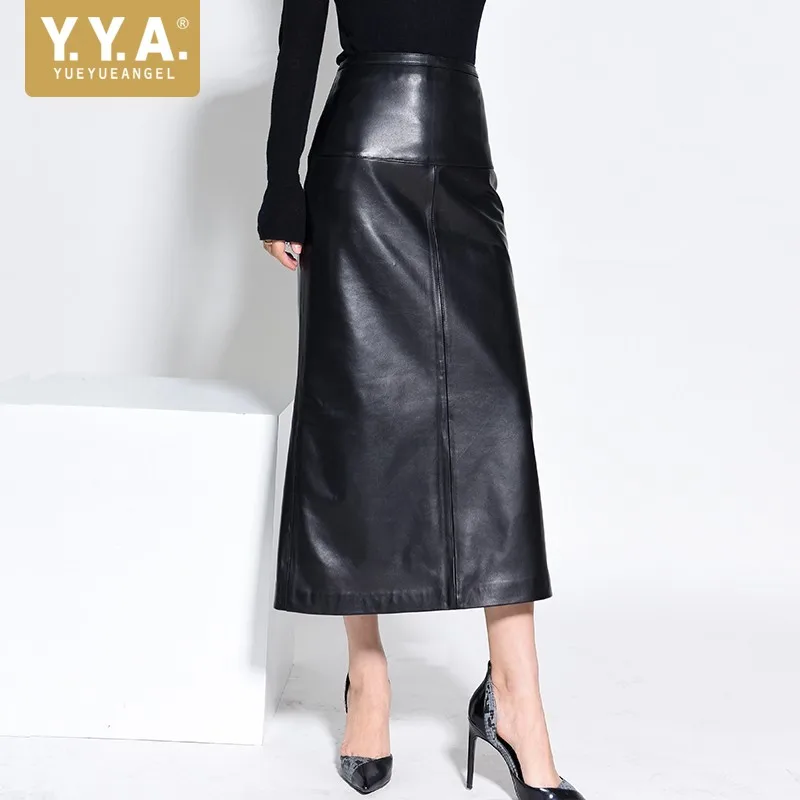 Korean Style Womens New Genuine Leather High Waist Elegant Skirt Office