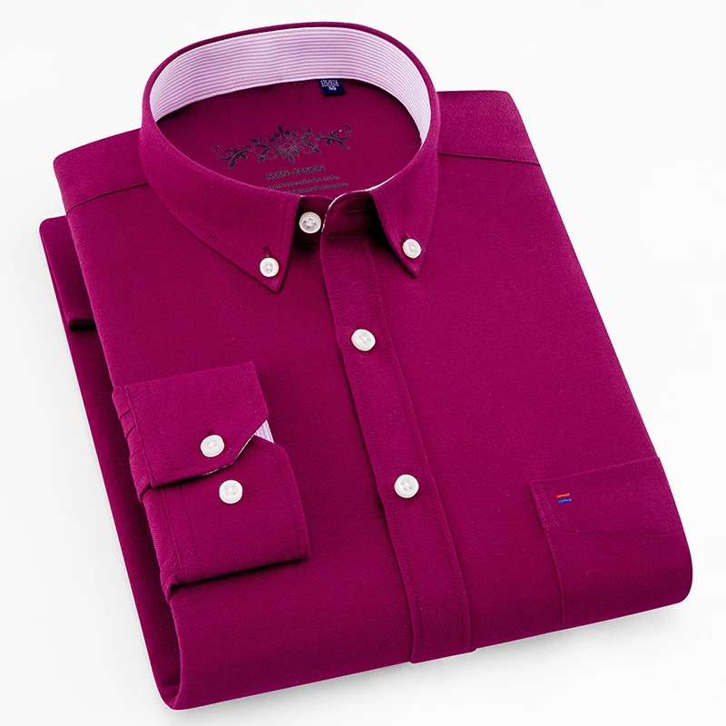 Camisa Social Masculina однотонная оксфордская модная красная Рабочая деловая повседневная мужская рубашка на пуговицах с левым карманом