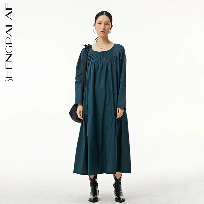 SHENGPALAE Fashion Simple Solid Color Dress Women Spring 2022 New Round Neck Loose Big Swing Long Sleeve Mid-calf Dresses Female | Женская