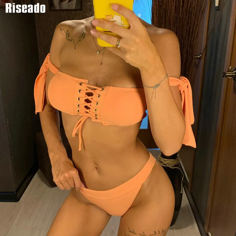 

Riseado Sexy Lace-up Bikinis Bandeau Swimwear Women Off Shoulder Swimsuit biquini Brazilian Bikinis Summer Beach Wear