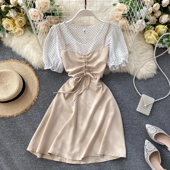 

Summer Women Dress Dot Patchwork Korean Dresses Short Sleeve O-neck Drawstring Slim Waist A-line Vestidos Above Knee Puff Sleeve