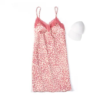 

Sexy Lace Lace Nightdress Breathable Belt Chest Pad Leopard Silk Thin Home Nightwear Gowns 2020 Summer Lenceria Sexi Para Mujer