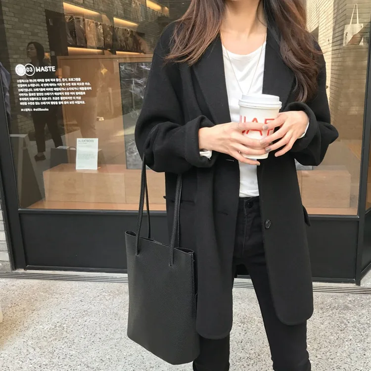 Зимнее кашемировое пальто женское свободное черное шерстяное стильное пальто