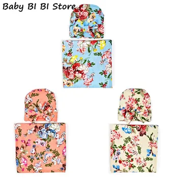 

2 Pcs/set Baby Swaddle Wrap Children Bow-knot Cap Newborn Print Blanket Hat Maternal and Child Supplies