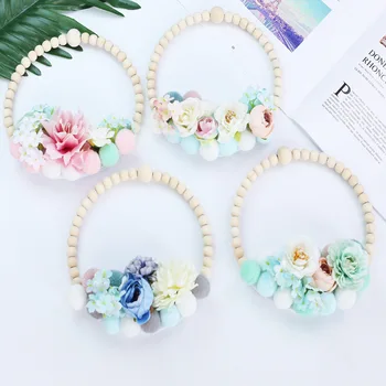 

INS Nordic Hair Balls Flower Garland Wooden Beads Ornaments Wall Hanging Pendant Kids Room Decoration Wind Chimes Photo Props