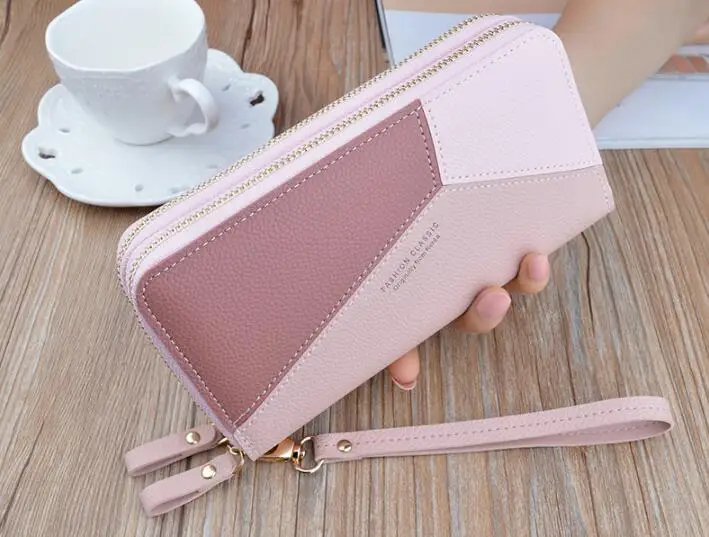 Pink Модные длинные сумки на двойной молнии для мобильного телефона, большие вместительные Лоскутные ПУ кошелек, однотонные клатчи для женщин - Цвет: Pink