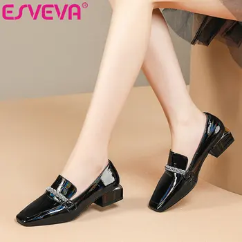 

ESVEVA 2021 Women Pumps Shoes Patent Leather +PU Square Low Heels Chains Round Toe Fashion Shoes Women Casual Big Size 34-42