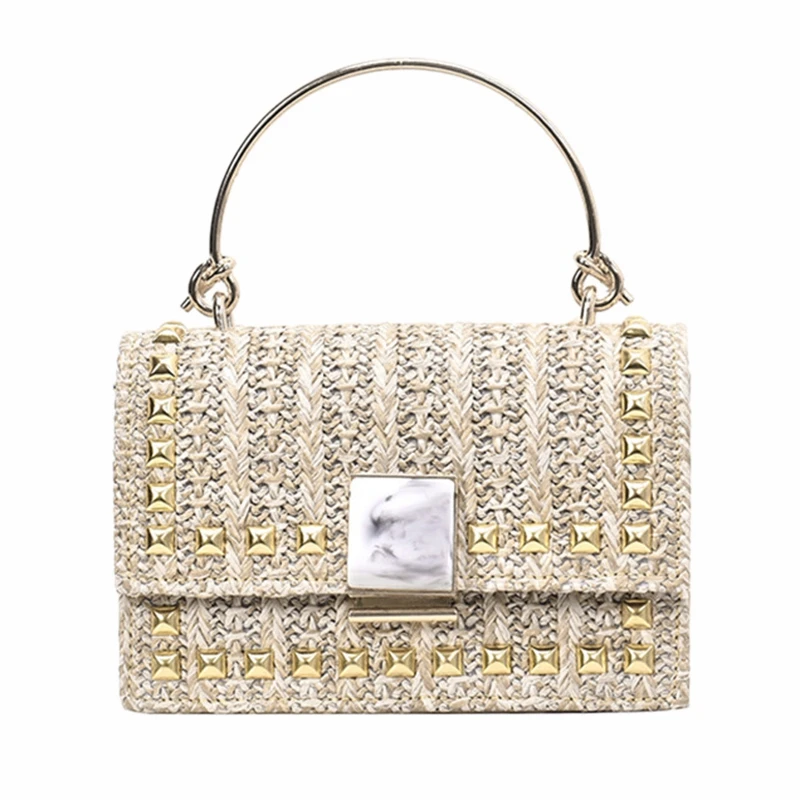 

Straw Beach Bag Wild River Marble Pattern Woven Shoulder Bag Solid Color Diagonal Small Square Bag