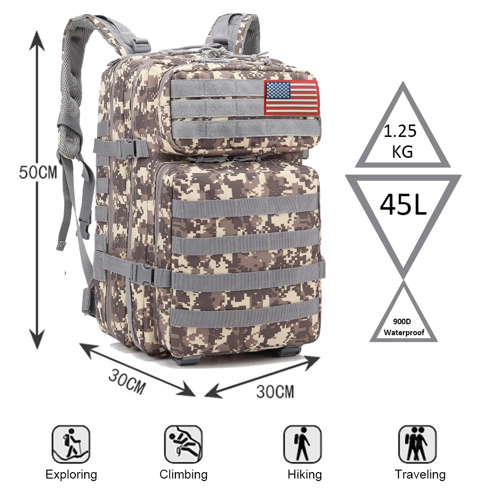 Большой емкости мужские армейские тактические рюкзаки Camo Военные штурмовые сумки для улицы 3P EDC Molle пакет для треккинга кемпинга охоты