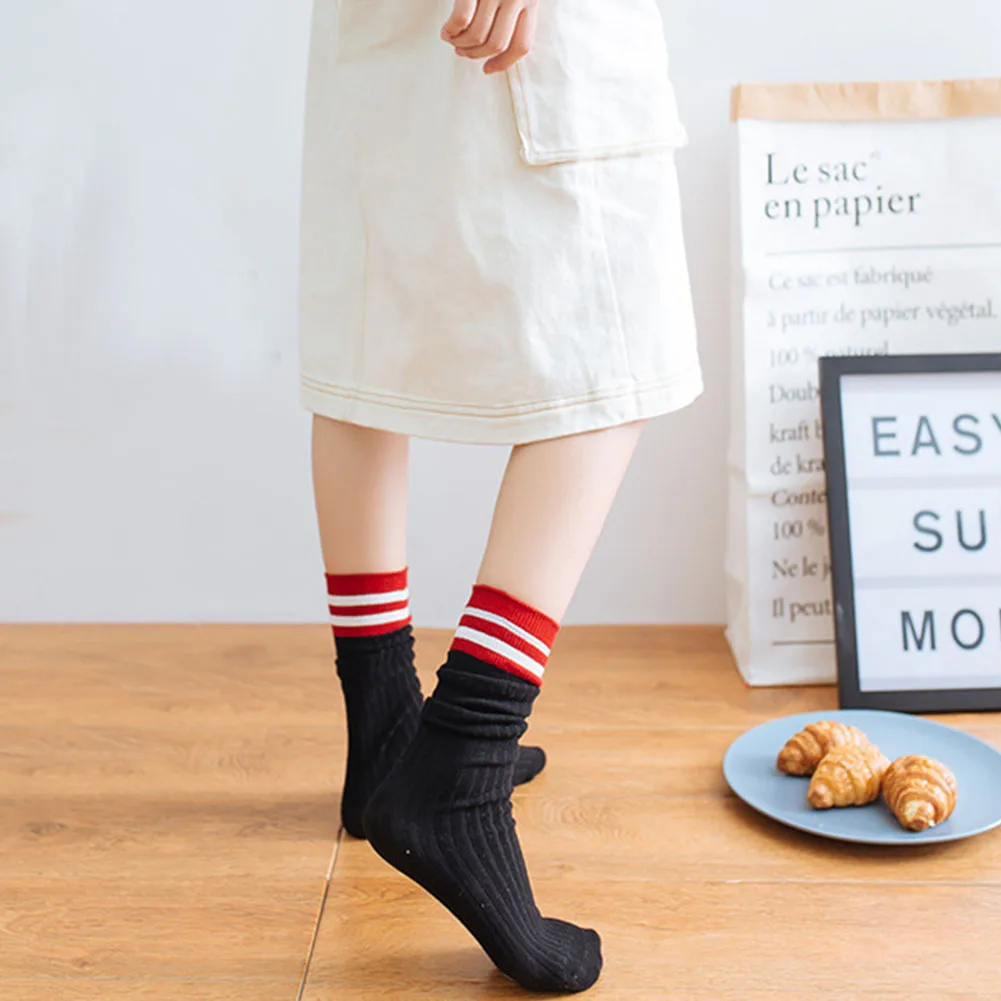 Heap Home Daily Elastic Autumn Winter Middle Tube Breathable Women Socks Keep Warm Casual Striped Travel Cotton Blend Soft