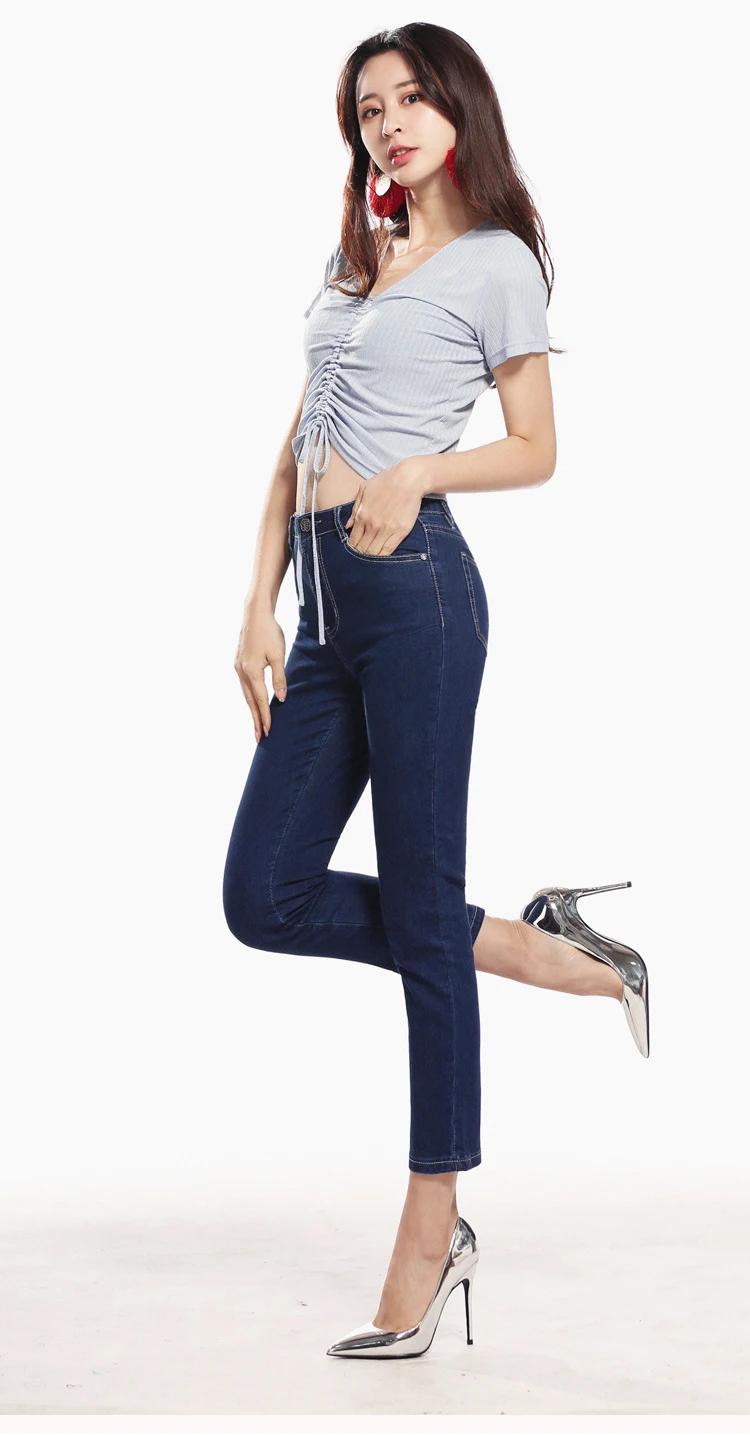 FERZIGE джинсы с высокой талией для женщин, облегающие укороченные брюки, ультратонкие летние синие черные джинсовые штаны, большой размер 36