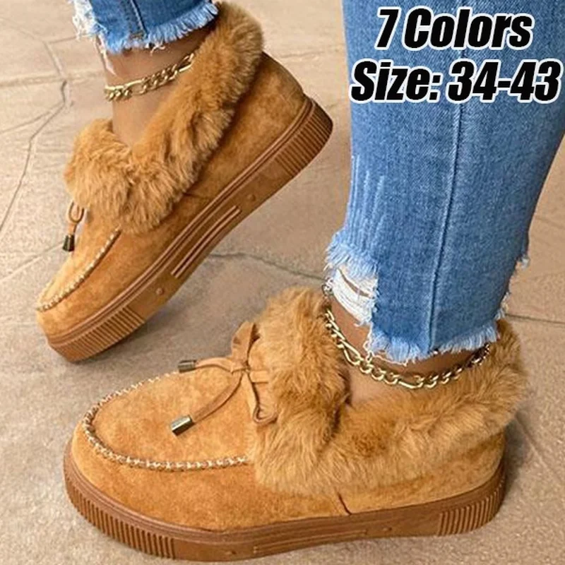 Women Winter Boots Female Ankle Shoes Suede Leather Snow Boots Plush Natural Fur Warm Slip-on Ladies Shoes Flats Plus Size 36-43