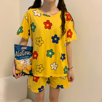 

Ladies Cute Flower Summer Pajamas Set Short Sleeve Shorts 2pcs Sleepwear Round Neck Casual Loose Pijama Pullover Loungewear S278