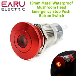 19mm Metal Waterproof Mushroom Head with LED Indicator Light Lamp Pilot Emergency Stop Push Button Switch Power Reset Latching