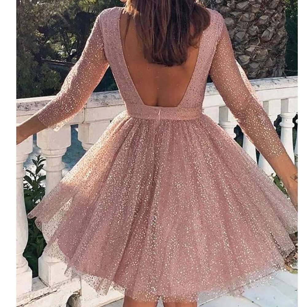 Yesexy O Neck Glitter Elegant Women Mini Dresses A Line Backless Three Quarter Sleeve Women Dresses VR19668