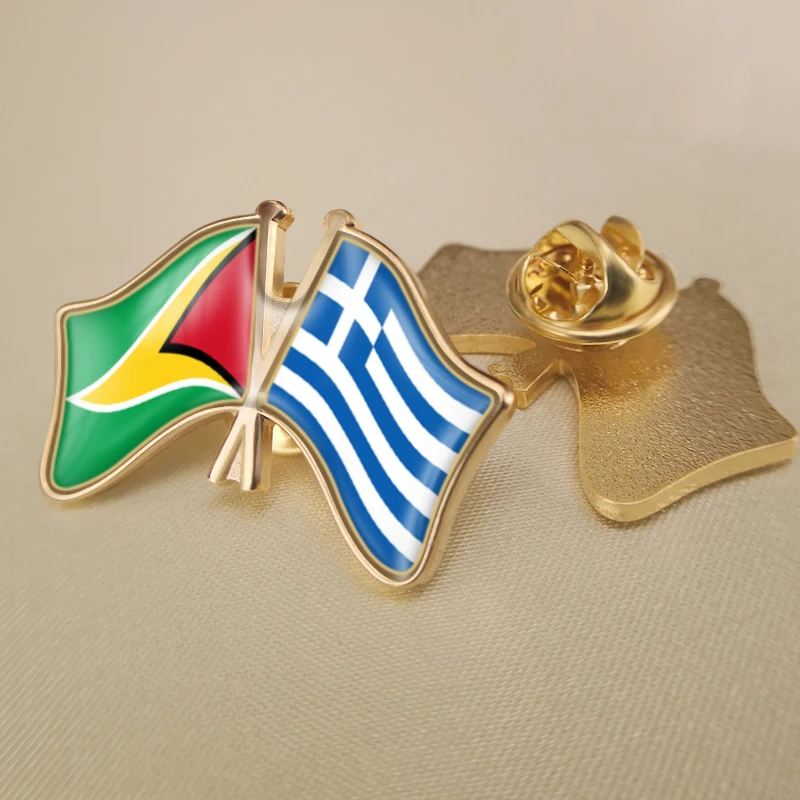 

Guyana and Greece Crossed Double Friendship Flags Lapel Pins Brooch Badges