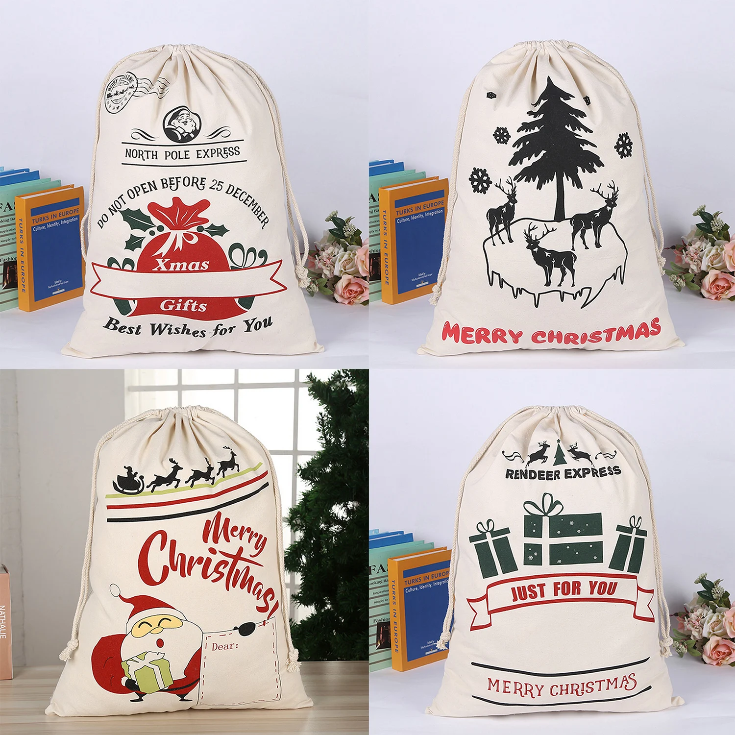 

Behogar Merry Christmas Santa Sacks Large Canvas Goodie Bags with Drawstring Closure for Xmas Party Favors Kids Gifts 20x27inch