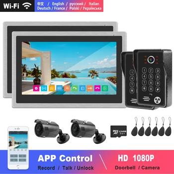

Wifi Video Intercom for Apartment Wireless Home Door Intercom System 2 Monitors 10 Inch Touch Screen 2 Doorbells Password Unlock