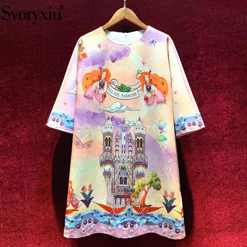 

Svoryxiu luxury Runway Spring Summer Loose Dress Women's Fashion Half Sleeve Diamond Colorful Cartoon Printed Party Short Dress