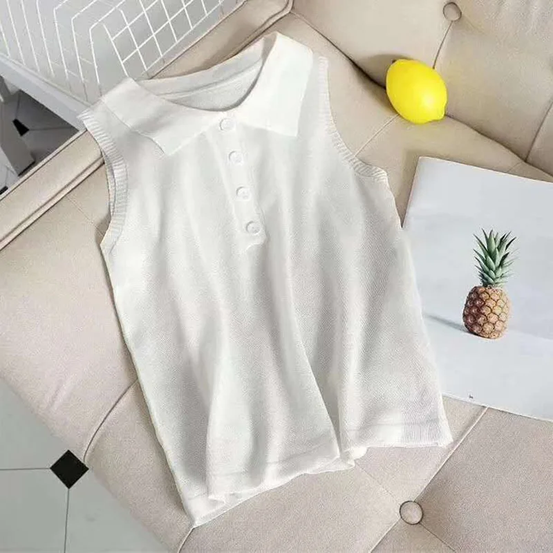 Ladies Female Women Sweet Candy Color Lapel Solid Color Joker Slim Knit Tank Top Breathable Knit Tops Shirt