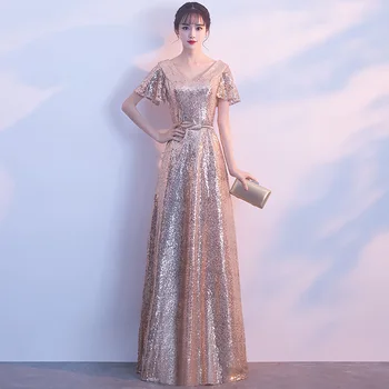 

Gold Bling Women Novelty Vestido de Festa Chinese Modern Qipao V-Neck Short Sleeve Formal Party Dresses Qipao With Zipper