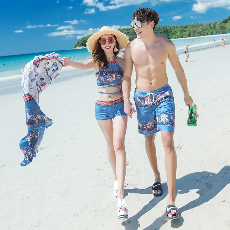 

Couples Three-piece Set Swimwear Female Underwire Small Bust Gathering-Split Skirt-Boxer Bikini MEN'S Beach Shorts