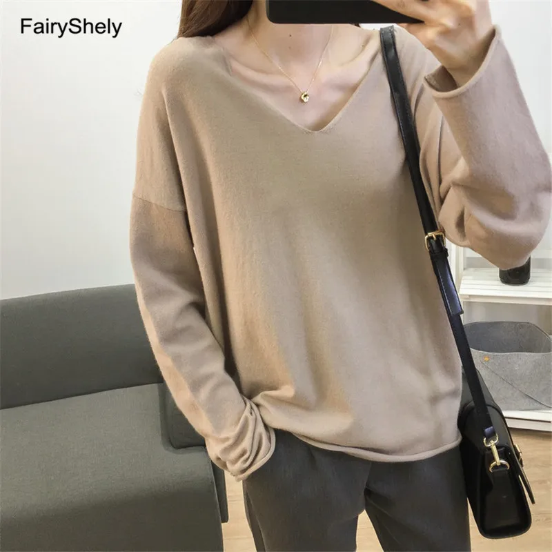 Хаки FairyShely, розовый женский свитер с высоким воротом, Осенний Свободный Повседневный джемпер с v-образным вырезом, свитера, вязаный пуловер, Топ Pull Hiver Femme - Цвет: Хаки
