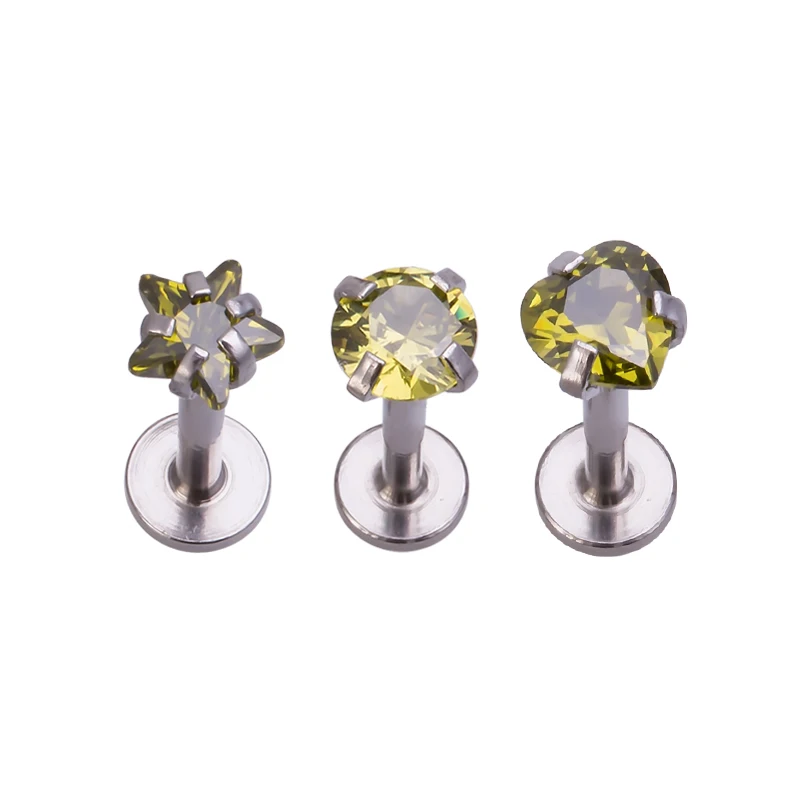 Peridot 16 г губа бар мульти-формы сердце/Круглый/Звезда кубический циркон губы кольца нос шпильки спираль серьги из нержавеющей Ювелирное кольцо в нос пирсинг - Окраска металла: Peridot