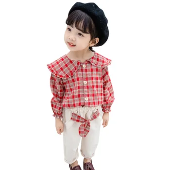

2020 Baby Clothes Plaid Blouse + Pants 2PCS Suit For Girls Ruffle Turn Down Collar Kids Clothes Fashion Spring Clothes For Girls
