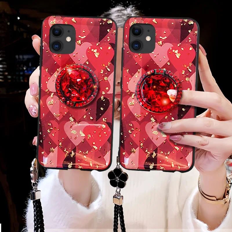 Красный эпоксидный чехол для телефона iPhone 11 Pro Max Love Heart Print Блестящие Блестки
