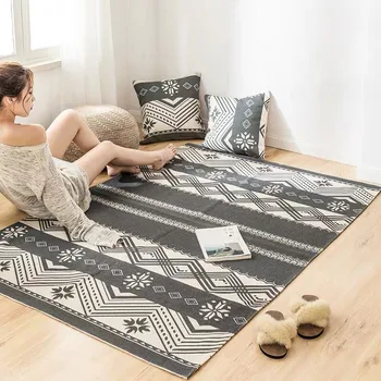 

Nordic Geometric Cotton and Linen Woven Carpet Floor Mat Door Bedroom Tapestry Decorative Blanket Tea Living Room area rug Black