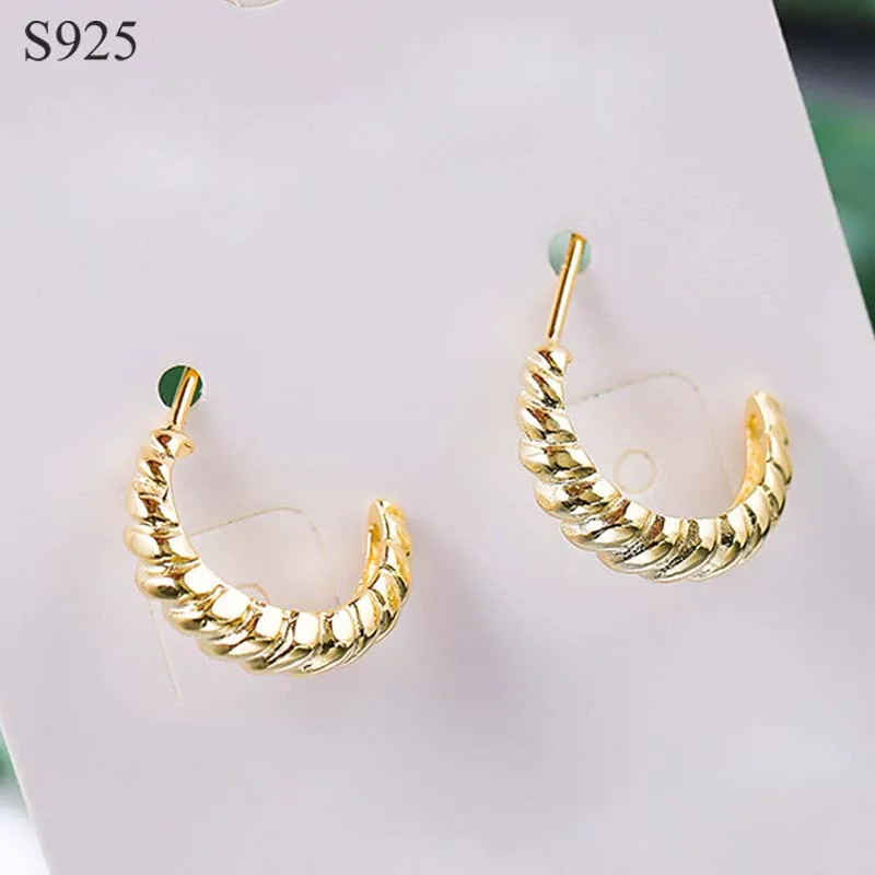 

Genuine Real Pure 925 Sterling Silver Stud Earrings for Women Jewelry Gold Woven Punk Half Round Female Earrings Bijoux Gift