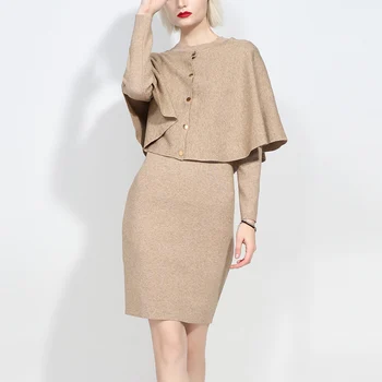 

Cloak knit dress 2019 new women's round neck long-sleeved temperament two-piece bag hip