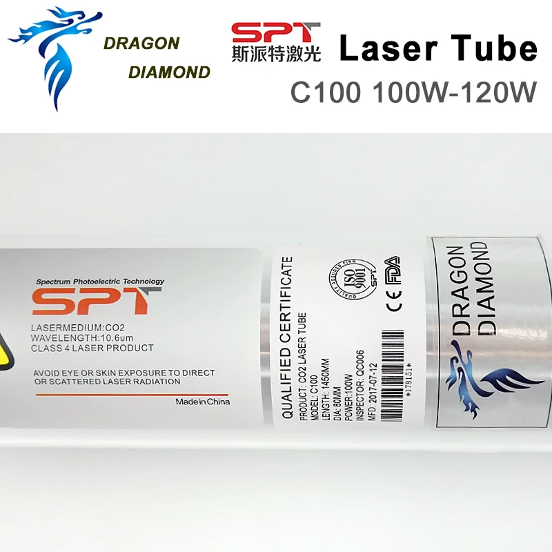SPT C100 100 Вт 120 Вт CO2 лазерная трубка металлическая головка стеклянная трубка 1450 мм диаметр. 80 мм для Co2 лазерной гравировки и резки деревянная посылка