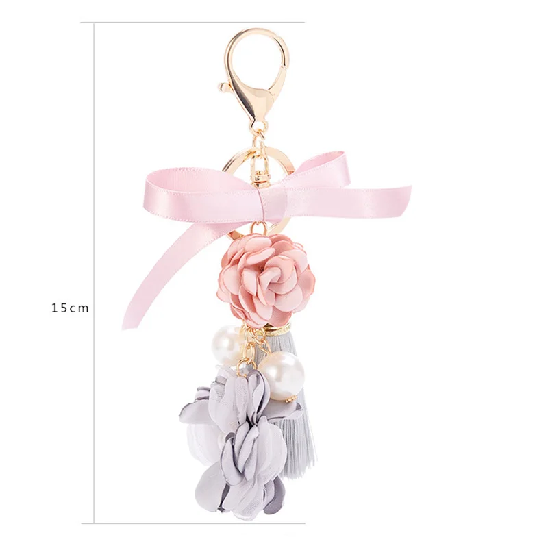 Модный розовый брелок с цветами цепочка для ключей жемчужный бант цепочка брелок для ключей с кисточкой Porte Clef сумка Подвеска Украшения для дамской сумочки подарки