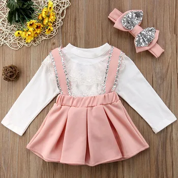 

3pcs Girl Clothes Set Elegant Long Sleeve T Shirt Suspenders Skirt Knotbow Heandband for Toddlers Kids Children Outfits LBV