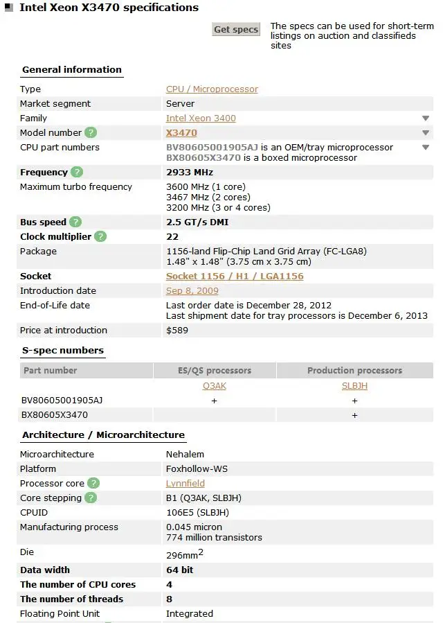 Процессор Intel Xeon X3470, четырехъядерный процессор 2,93 ГГц, 8 Мб кэш, восьминиточный процессор 95 Вт LGA 1156X3470