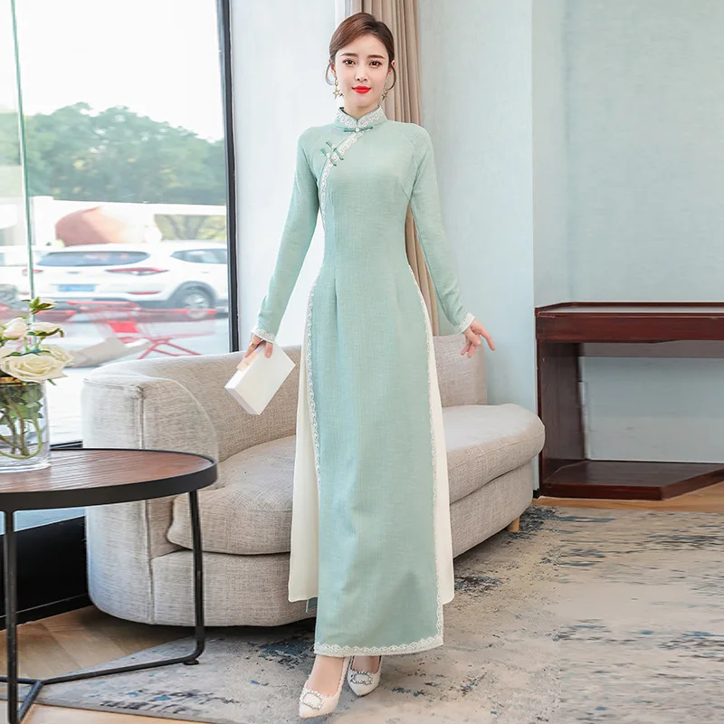 

Europe And America 2020 Spring Retro WOMEN'S Dress Long Sleeve Elasticity Knitted Stripes Slim Fit Long Cheongsam Improved Audre
