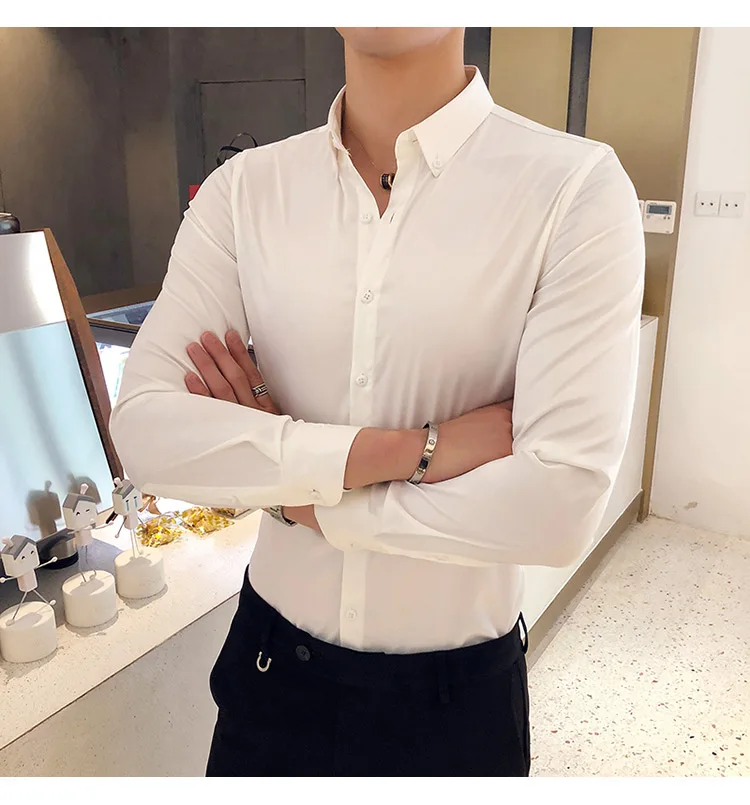 Высококачественная Мужская одежда, рубашки с длинным рукавом, черная Повседневная рубашка, облегающая мужская деловая официальная белая блуза, одноцветная