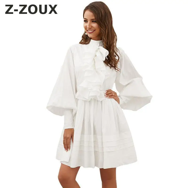 Z-ZOUX, женское платье, хлопок, белые платья, оборки, галстук-бабочка, рукав-фонарик, белое летнее платье, элегантное платье для вечеринок, весна-лето