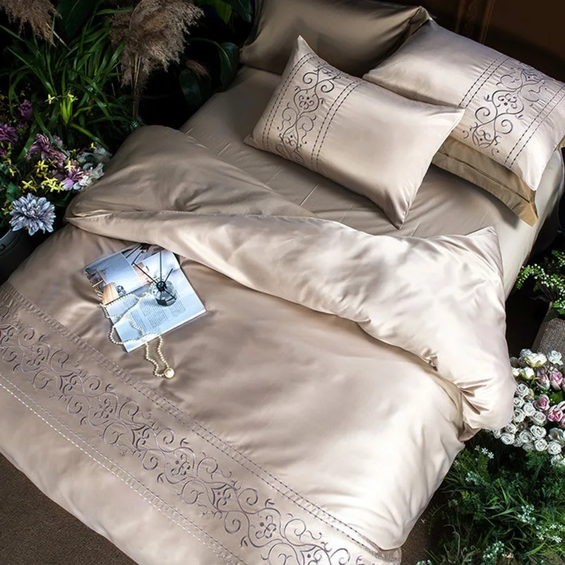

HOT! 100% Pure Satin Silk Bedding Set,Home Textile King Size Bed Set,bedclothes,duvet Cover Flat Sheet Pillowcases Wholesale