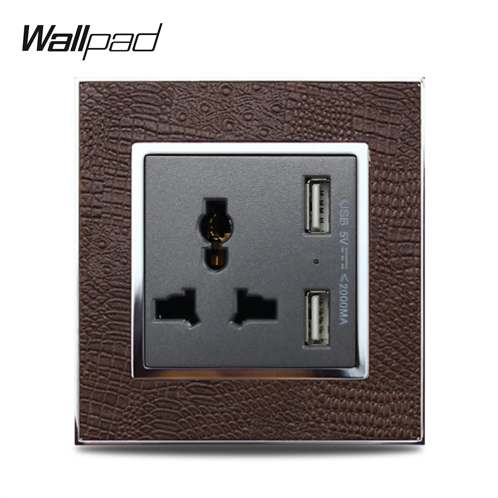 Wallpad L1 Gold Metal Frame Universal Socket with 2 x USB Charging Ports 2100mA Leather Panel