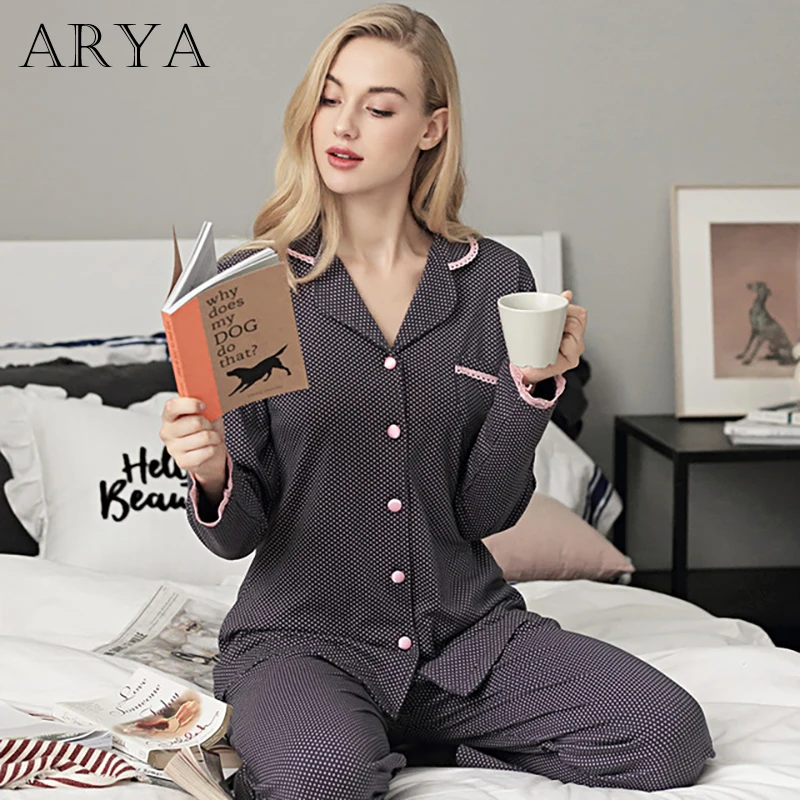 

Winter Spring Women Thick 100%cotton Warm Female Winter Pajama Set Long Sleeve Full Trousers Pajamas Polka Dot Home Suit