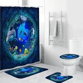 

Bathroom Shower Curtain Decor Set Waterproof Curtains Hooks Non-slip Mat Toilet Seat Cover 4pcs/set Non-slip Bath Mat
